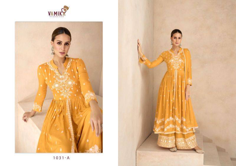 Lakhnavi Vol 6 Gold BY VAMIKA 1031-A To 1031-E Series Beautiful Stylish Sharara Suits Fancy Colorful Casual Wear & Ethnic Wear & Ready To Wear Pure Rayon Printed Dresses At Wholesale Price
